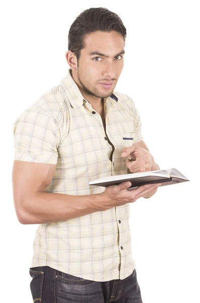 Joven guapo macho profesor holding notebook — Foto de Stock