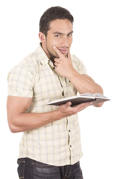 Joven guapo macho profesor holding notebook — Foto de Stock