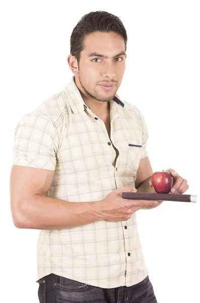 Jovem hispânico masculino professor segurando vermelho maçã — Fotografia de Stock
