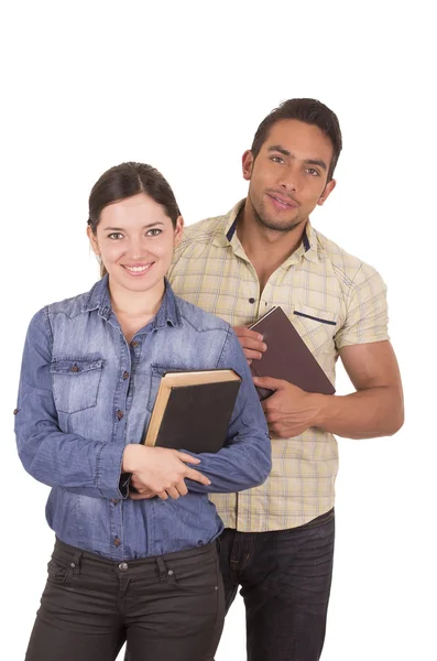 Couple of cheerful happy attractive students holding book — Stock Photo, Image