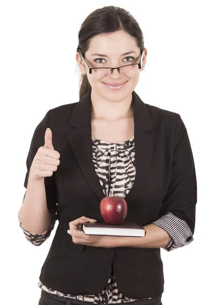 Doce professor feminino segurando maçã vermelha — Fotografia de Stock