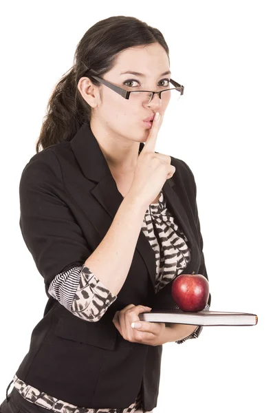 Sweet female teacher holding red apple — Stock Photo, Image
