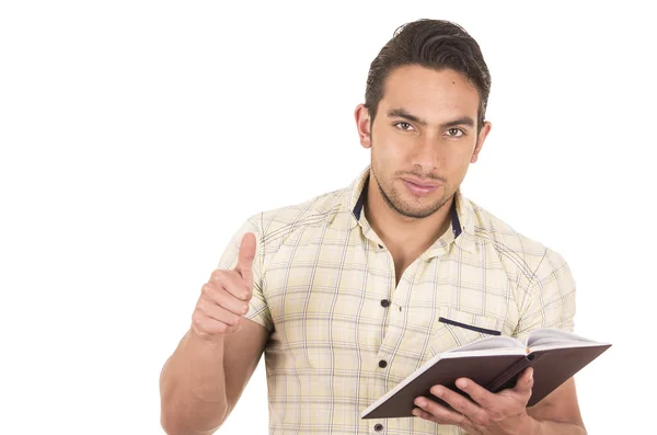 Joven guapo macho profesor holding notebook — Foto de Stock