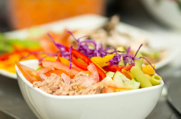 Closeup delicate fresh presentation of tuna salad in white bowl with colourful vegetables such as cole robbie, capsicum, cucumber and tomatoes — Stock Photo, Image