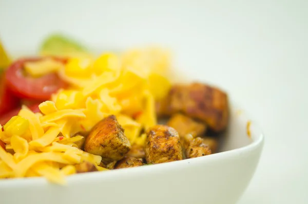 Closeup elegant serving of pasta and meatballs inside white bowl — Stock Photo, Image