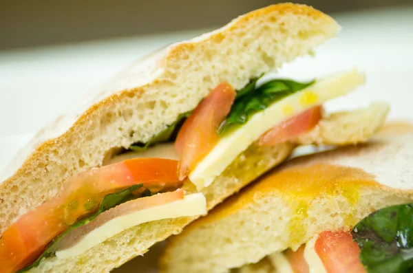 Delizioso formaggio, albahaca basilico e pomodoro ciabatta sandwich su piatto bianco — Foto Stock