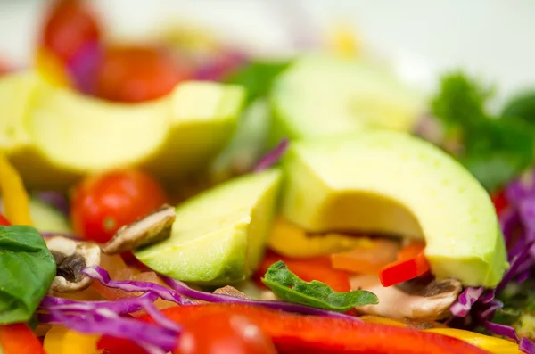 Closeup fresh colourful salad with purple cole, avocado and tomato mixed together — Stock Photo, Image