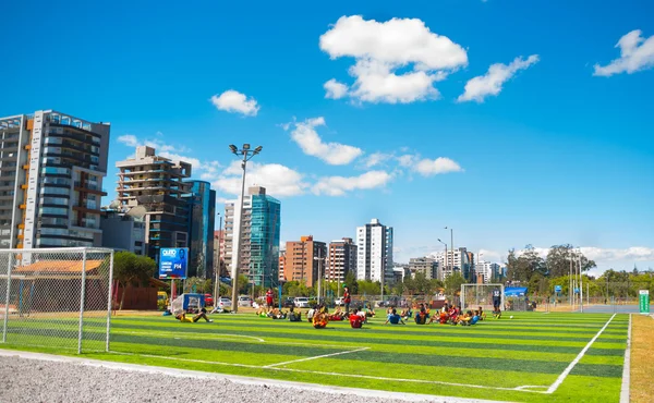 QUITO, ECUADOR - 8 AUGUST, 2016: Люди делают упражнения сидя на футбольном поле, расположенном в центре городского парка Ла Каролина, искусственная зеленая трава поверхность, здания видимый фон, красивый солнечный — стоковое фото