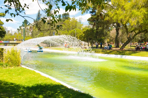 Laguna pacífica no interior do parque da cidade, arco de água atirando através do canal em um belo dia ensolarado — Fotografia de Stock