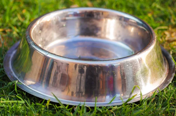 Closeup empty metal bowl for dog food sitting on green grass, animal nutrition concept — Stock Photo, Image