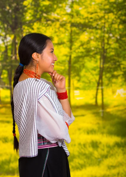 Schöne junge Frau in traditioneller Andenbluse mit Halskette, posiert für die Kamera, durchdachte Körpersprache und Mimik, grüner Waldhintergrund — Stockfoto