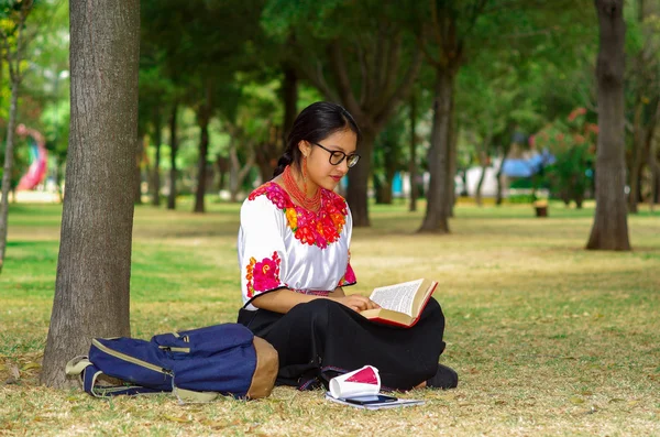 Ung kvinna bär traditionell andean kjol och blus med matchande rött halsband, sitter på gräs bredvid träd i parkområde, koppla av medan du läser bok, ler glatt — Stockfoto