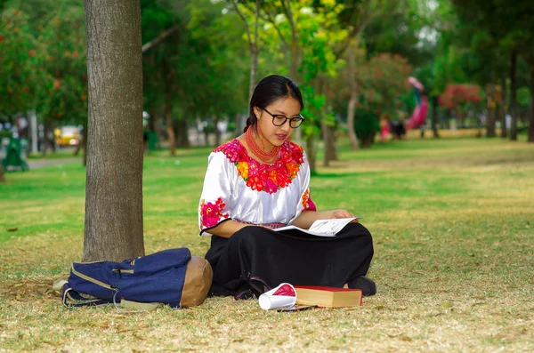 Jeune femme portant des lunettes traditionnelles, jupe andine et chemisier avec collier rouge assorti, assis sur l'herbe à côté de l'arbre dans la zone du parc, relaxant tout en lisant le livre, souriant joyeusement — Photo