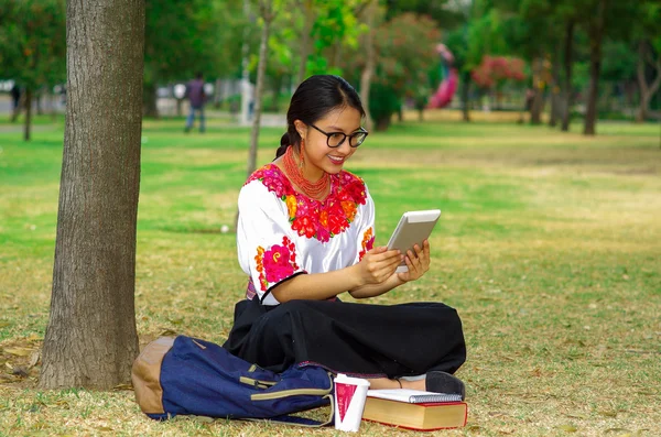 Jeune femme portant une jupe traditionnelle andine et un chemisier avec un collier rouge assorti, assise sur l'herbe à côté de l'arbre dans la zone du parc, relaxante tout en souriant joyeusement — Photo