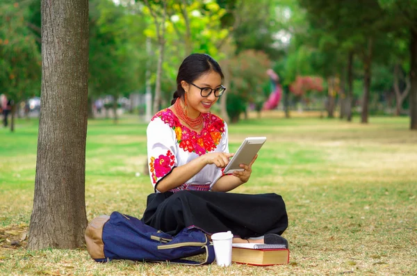 Jeune femme portant une jupe traditionnelle andine et un chemisier avec un collier rouge assorti, assise sur l'herbe à côté de l'arbre dans la zone du parc, relaxante tout en souriant joyeusement — Photo