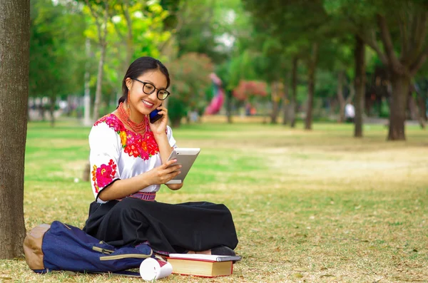 Young woman wearing traditional andean skirt and blouse with matching red necklace, sitting on grass next to tree in park area, relaxing while smiling happily — Stock Photo, Image