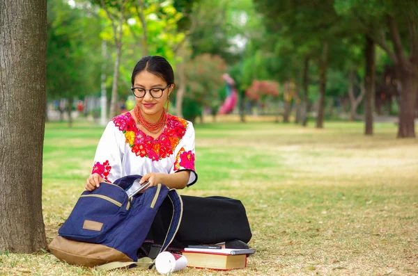 Jeune femme portant une jupe traditionnelle andine et un chemisier avec un collier rouge assorti, assise sur l'herbe à côté de l'arbre dans la zone du parc, relaxante tout en souriant joyeusement — Photo