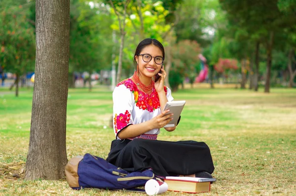 Giovane donna che indossa gonna tradizionale andina e camicetta con collana rossa abbinata, seduta sull'erba accanto all'albero nella zona del parco, rilassante mentre sorride felicemente — Foto Stock