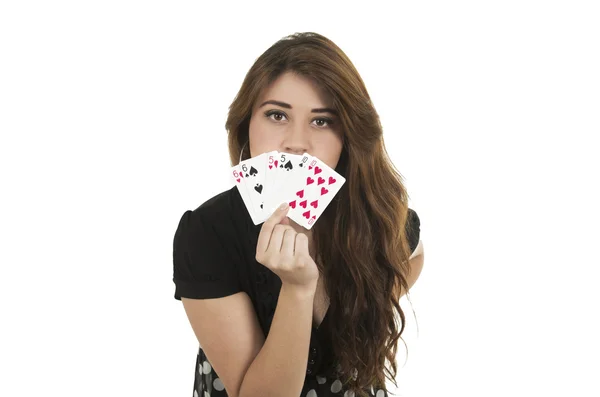 Pretty brunette young girl holding deck of cards — Stock Photo, Image