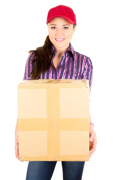 Young happy beautiful delivery girl carrying cardboard box — Stock Photo, Image