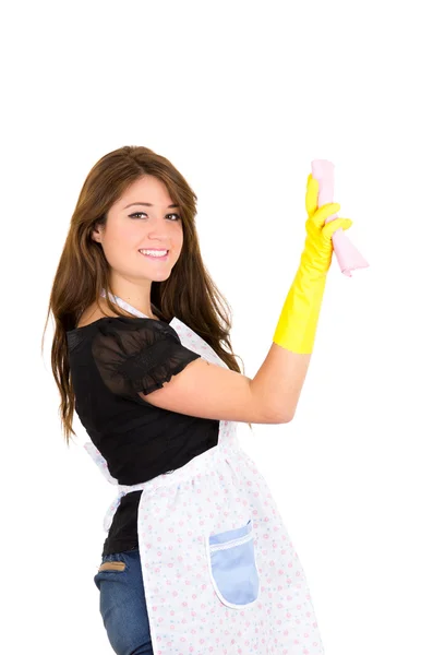 Pretty young brunette girl cleaning — Stock Photo, Image