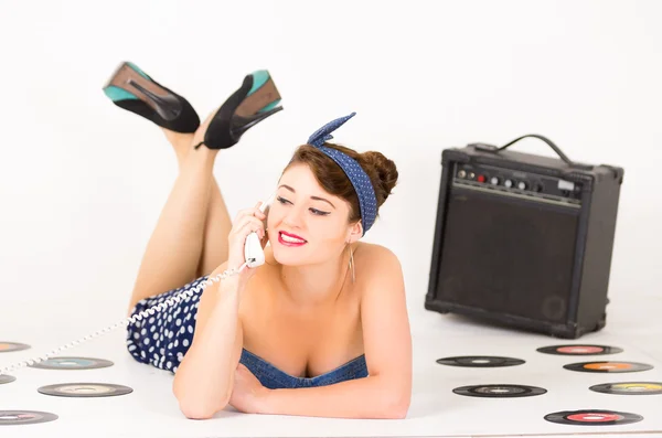 Beautiful retro young girl wearing blue vintage clothes — Stock Photo, Image