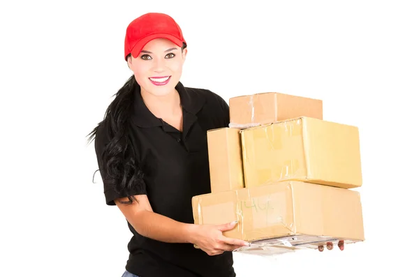 Beautiful smiling delivery girl holding packages — Stock Photo, Image