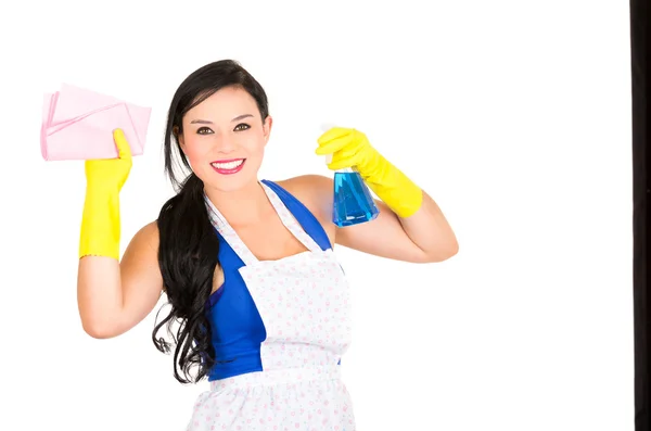 Mooi meisje dragen schort en handschoenen schoonmaken — Stockfoto