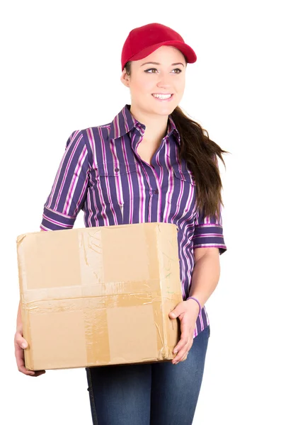 Young happy beautiful delivery girl carrying cardboard box — Stock Photo, Image