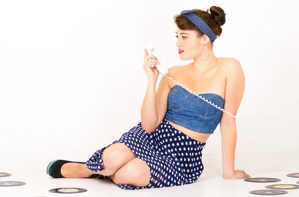 Beautiful retro young girl wearing blue vintage clothes — Stock Photo, Image