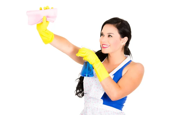 Mooi meisje dragen schort en handschoenen schoonmaken — Stockfoto