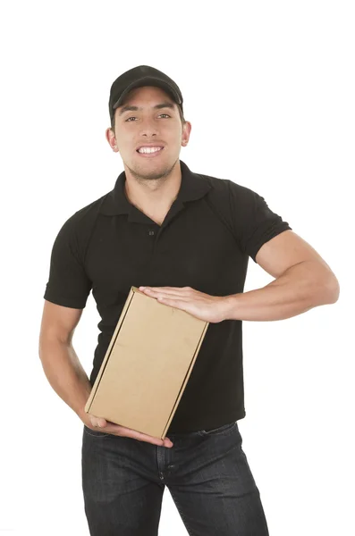 Szép barna futár man holding csomagok — Stock Fotó