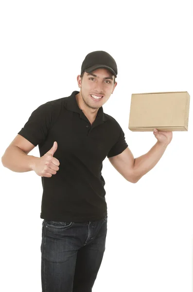 Feliz amigável entrega confiante homem carregando caixas — Fotografia de Stock
