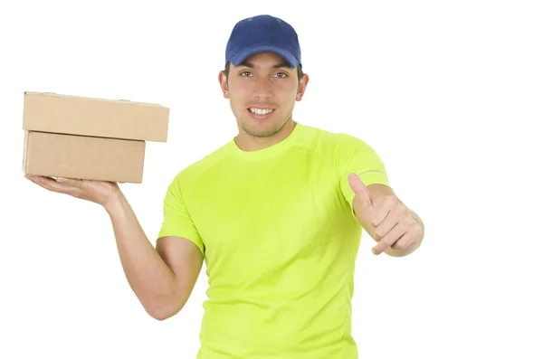 Stilig vänliga brunett leverans mannen bära lådor — Stockfoto