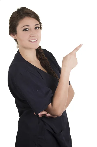 Mooie jonge vriendelijke gelukkig Spaanse vrouw dragen verpleegster uniform — Stockfoto