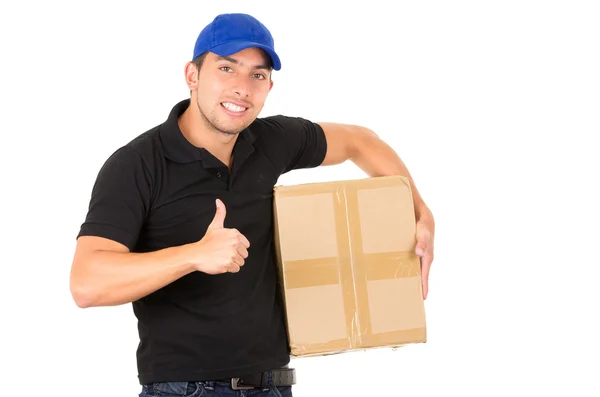 Glad trevlig säker leverans mannen bära lådor — Stockfoto