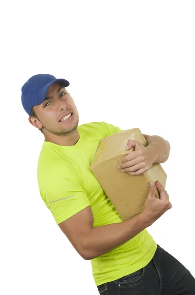 Handsome friendly latin courier man carrying box — Stock Photo, Image