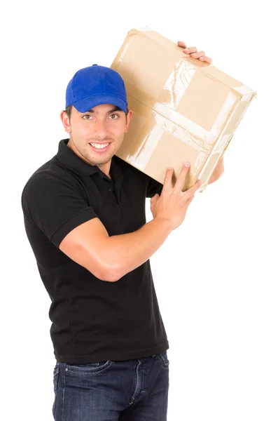 Glad trevlig säker leverans mannen bära lådor — Stockfoto