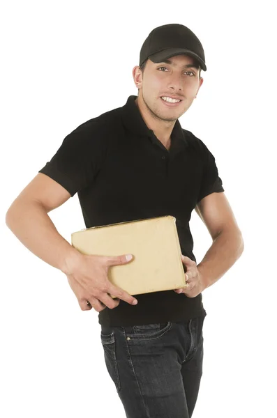 Feliz amigo entrega confiada hombre llevando cajas — Foto de Stock