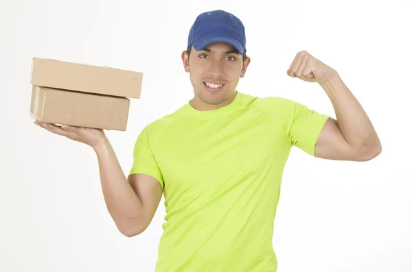 Stilig vänliga brunett leverans mannen bära lådor — Stockfoto