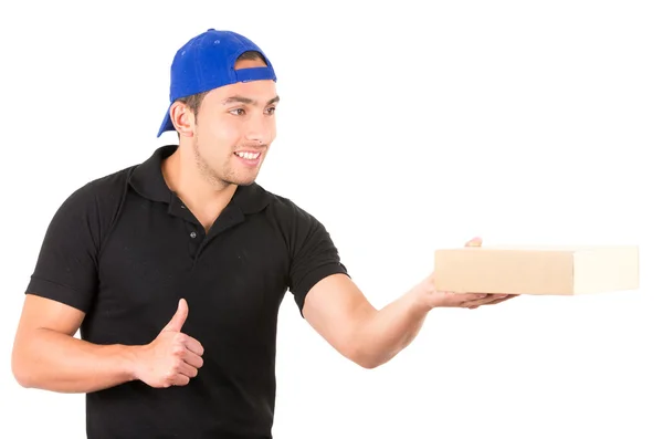 Happy friendly confident delivery man carrying boxes — Stock Photo, Image