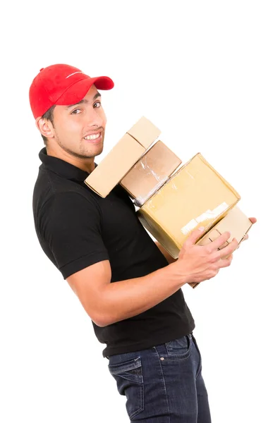 Feliz amigo entrega confiada hombre llevando cajas — Foto de Stock