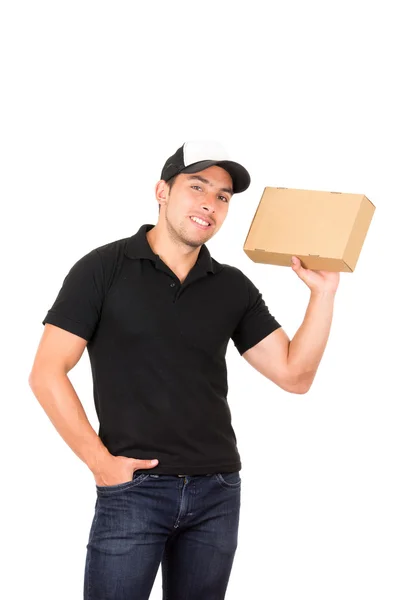 Happy friendly confident delivery man carrying boxes — Stock Photo, Image