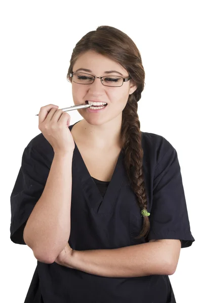 Beautiful young brunette girl intern doctor pediatrician nurse — Stock Photo, Image