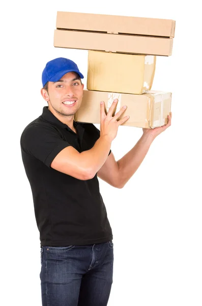 Feliz amigo entrega confiada hombre llevando cajas —  Fotos de Stock