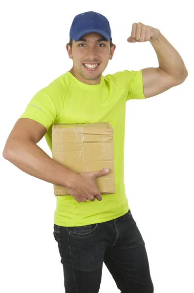 Handsome friendly latin courier man carrying boxes — Stock Photo, Image