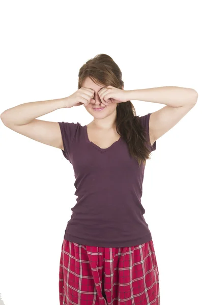Bela jovem estudante adolescente vestindo pijama roxo — Fotografia de Stock