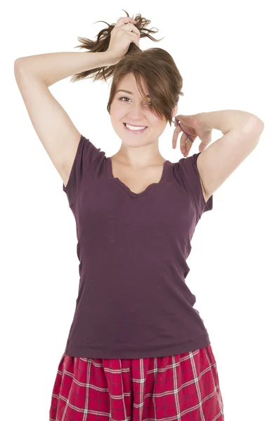 Krásná mladá dívka studentské teenager fialové v pyžamu — Stock fotografie