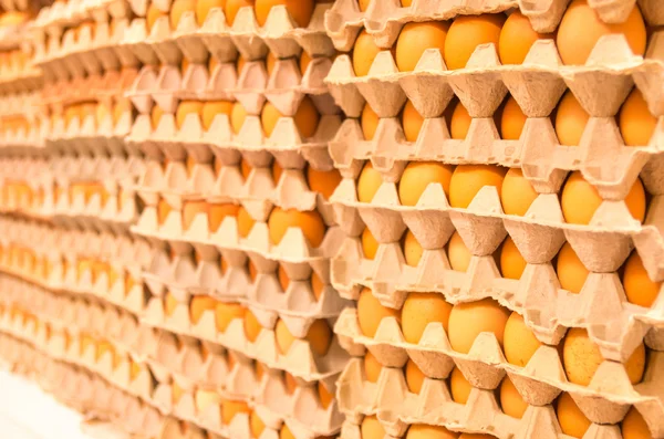 Pilha de ovos em caixa de cartão no mercado — Fotografia de Stock