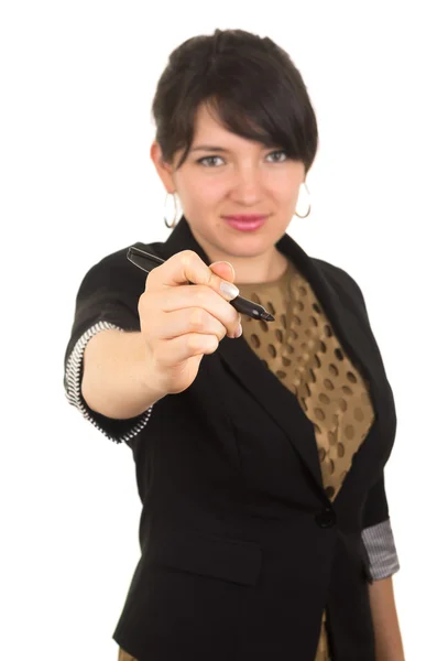 Young beautiful woman writing with marker blank space — Stock Photo, Image